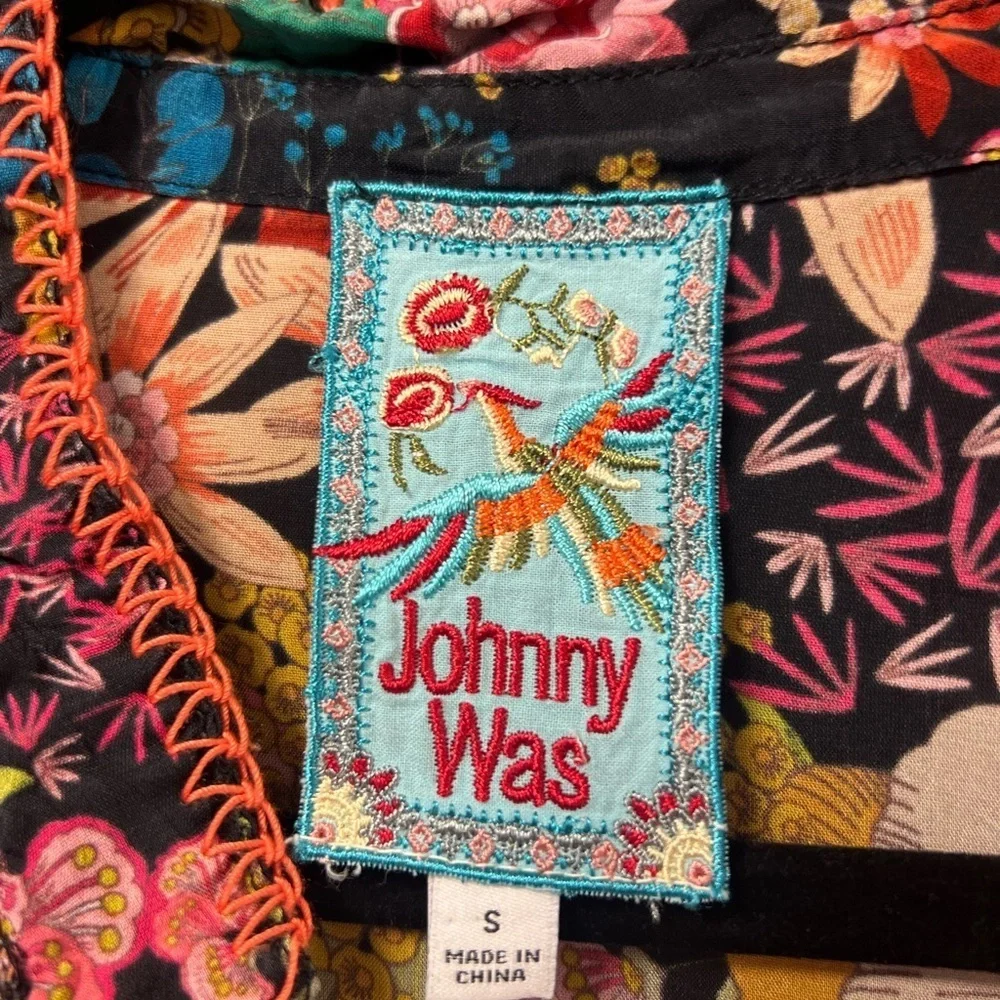 Johnny Was Poppy Floral Button Blouse Long Sleeve Whip Stitch Detail Size Small